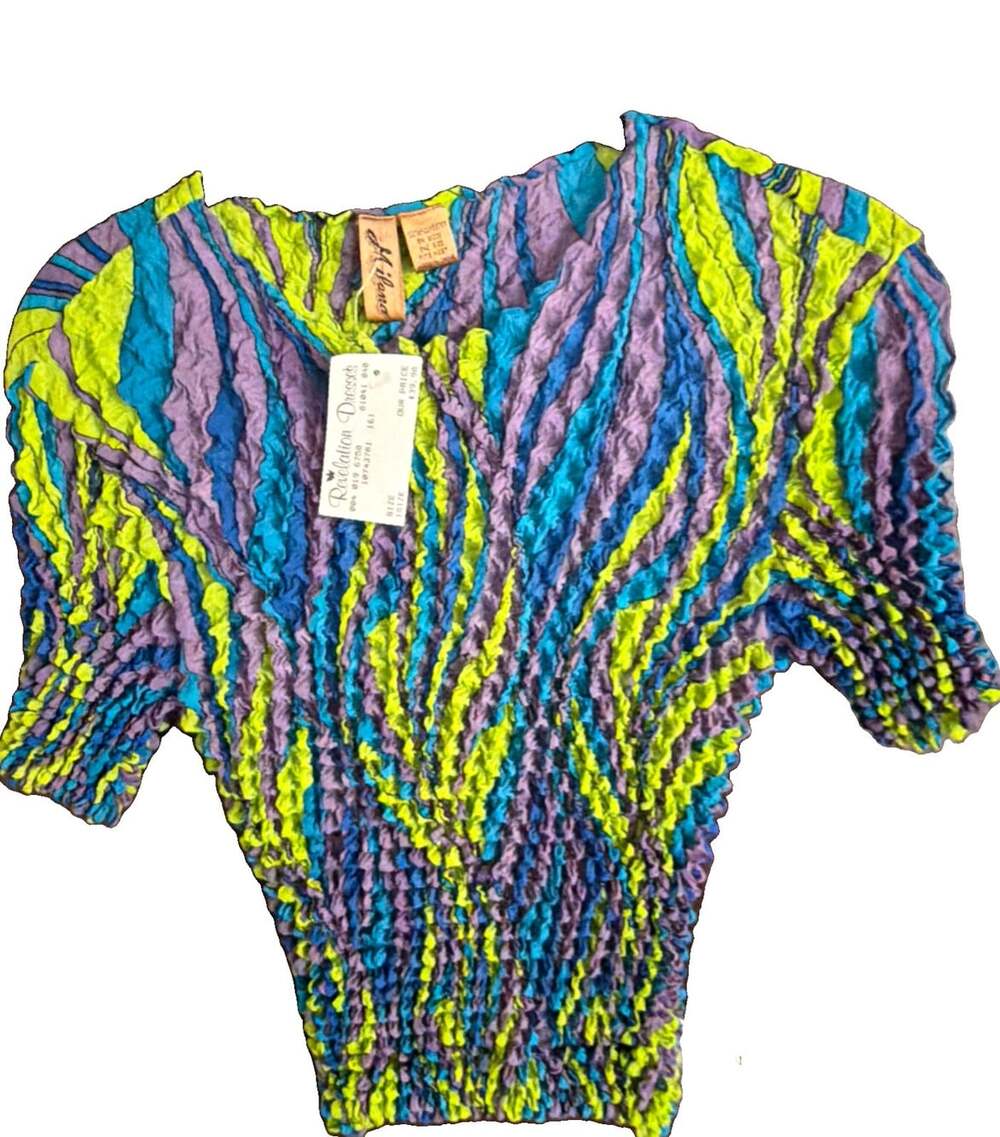 NWT POPCORNCrinkle Top Womens One Size Teal Blue Green Yellow Bubble Shirt Retro
